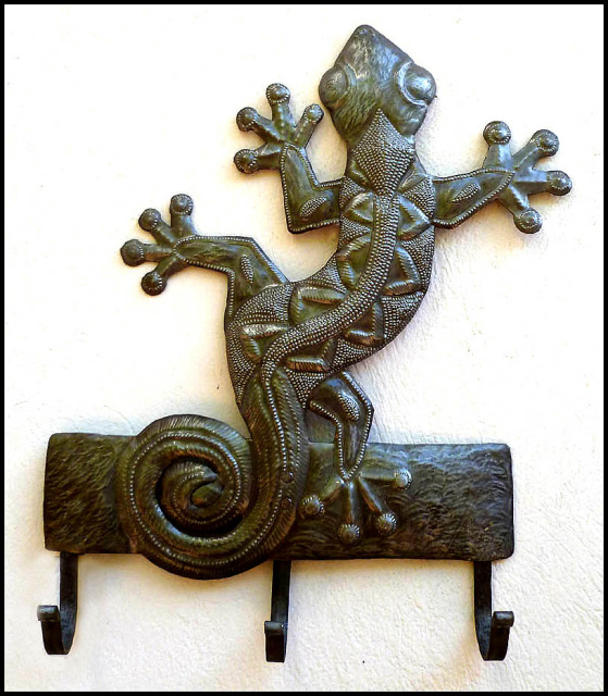 Metal Gecko Wall Hook - Haitian Metal Art, Kitchen Towel Hook - Art of Haiti - 17" x 12 1/2"